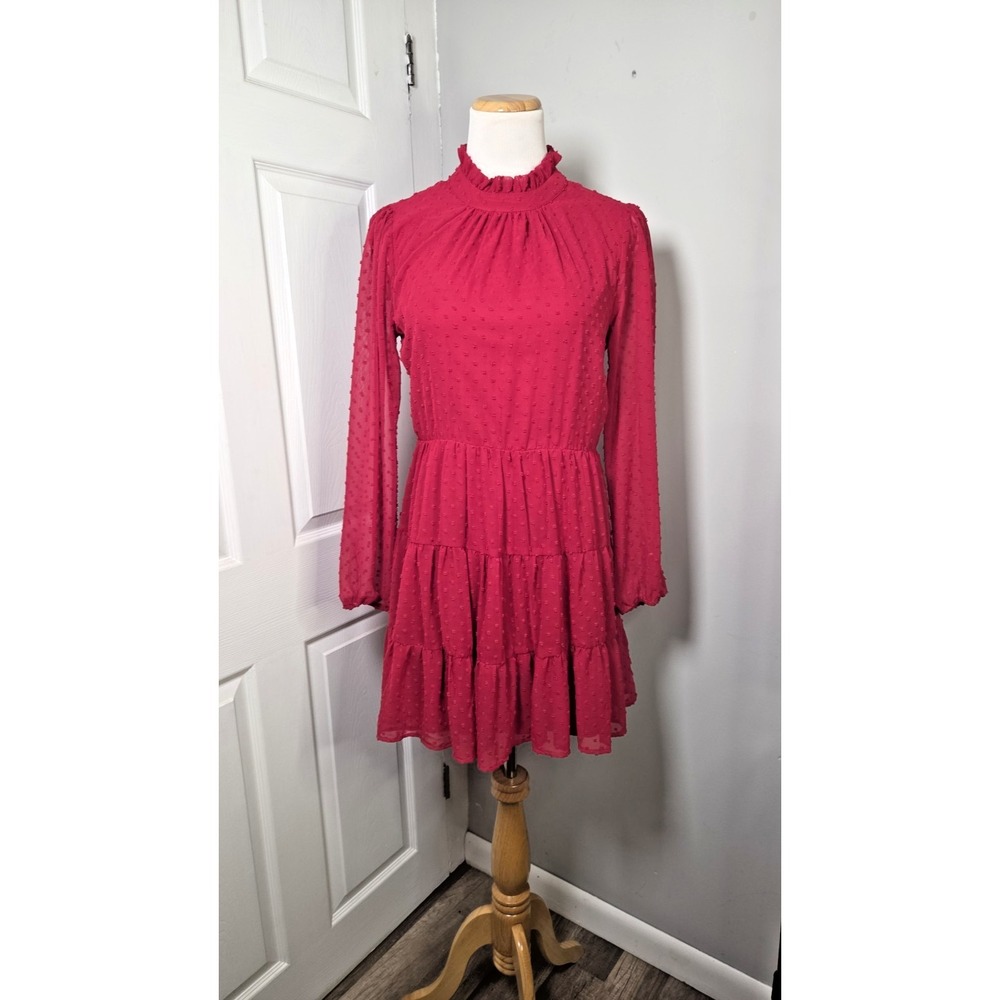 Mi Ami Swiss Dot Tiered Sheer Ruffle Neck Deep Red Dress Sheer Back Large